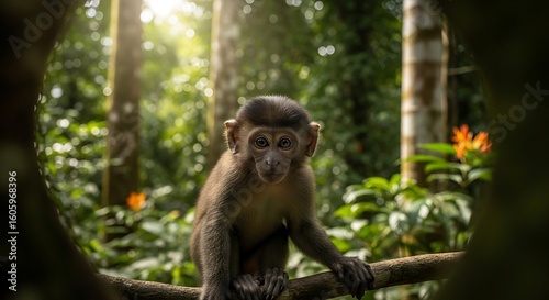 Young monkey on a branch in a lush forest.
