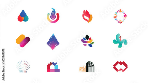 Vibrant abstract icons set on white background.