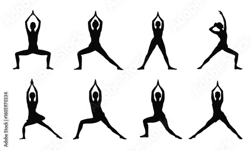 Silhouettes of women in various yoga poses with hands raised above their heads on a white background