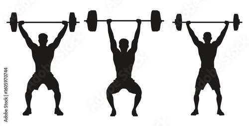Silhouette sequence of a man lifting a barbell overhead in a weightlifting exercise routine