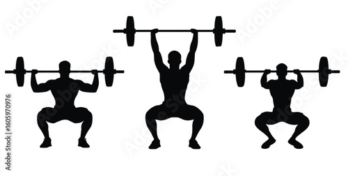 Silhouette illustration showing people doing squats with barbells in a fitness and strength exercise