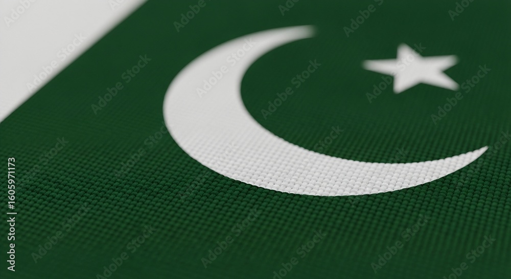 Obraz premium A closeup of the pakistani flag featuring a white crescent moon and star on a green field