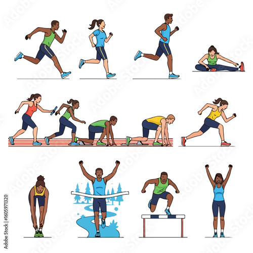 Dynamic athletes in action, sprinting, stretching, and celebrating victory in a race