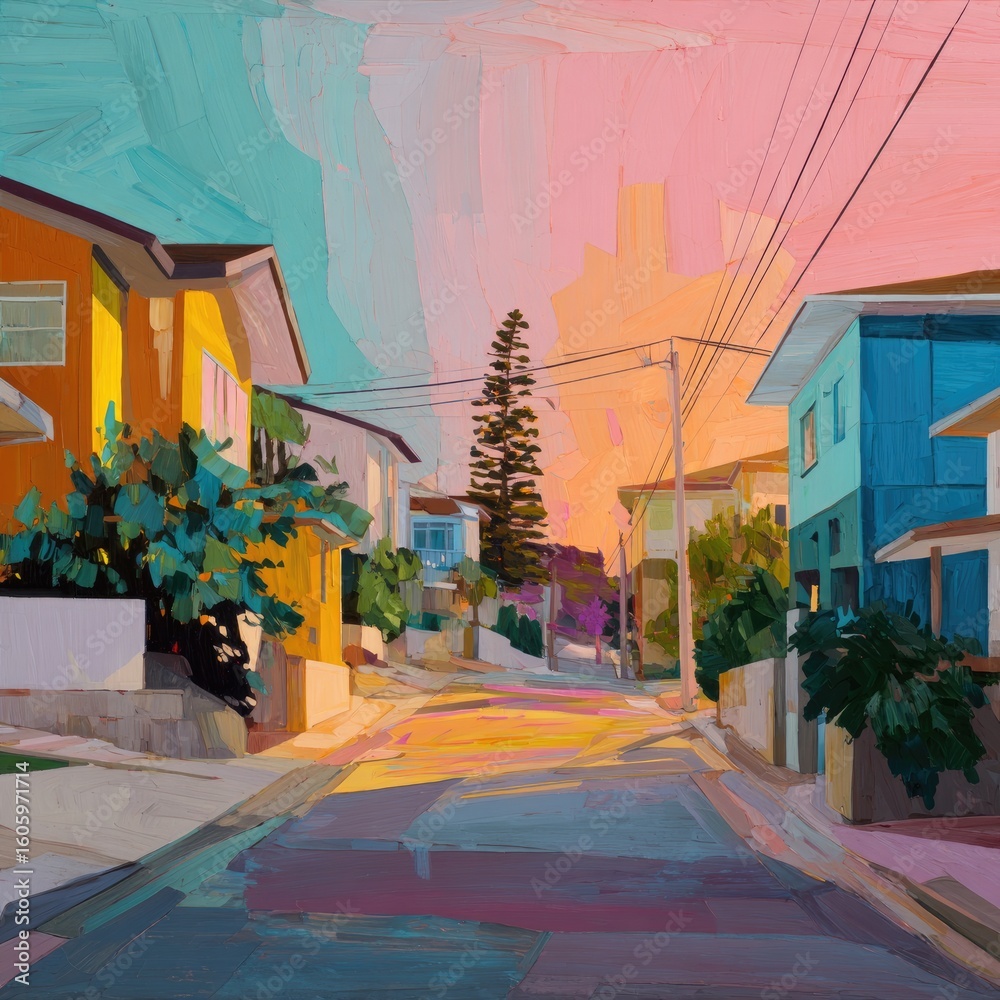 Obraz premium Colorful street scene at sunset