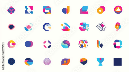 Collection of colorful abstract geometric shapes and icons.