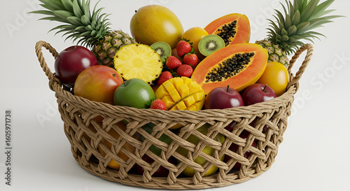 Woven basket overflowing with whole and cut tropical fruits on white background