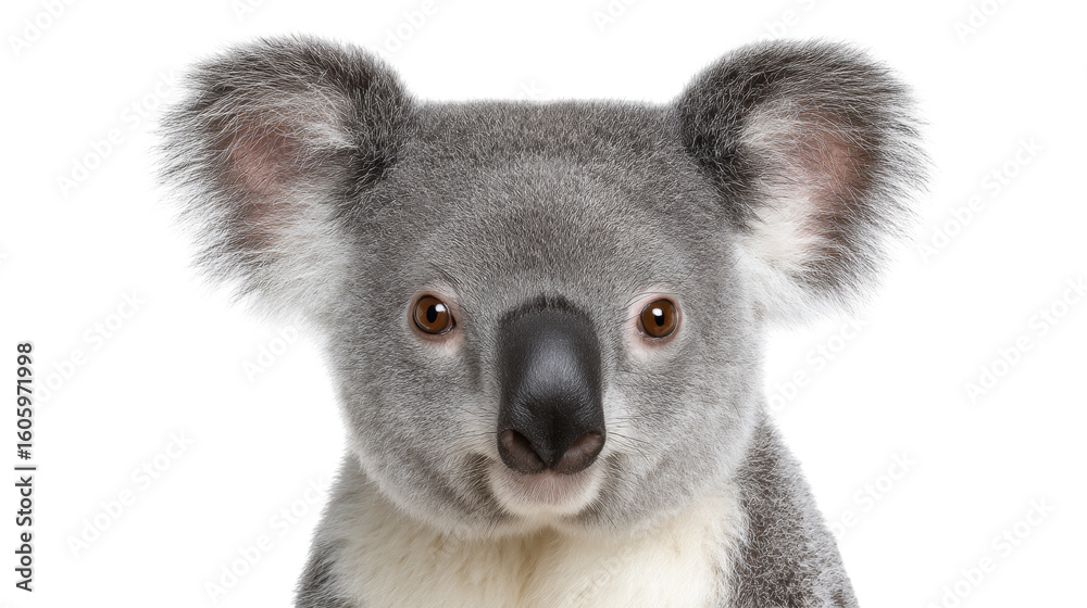 Fototapeta premium Isolated koala transparent background with soft fur and brown eyes