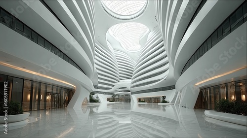 Modern White Atrium Interior with Curved Walls and Reflective Floor
