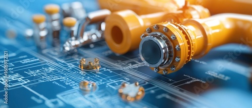 Detailed engineering blueprint showcasing an intricate industrial design with yellow piping and technical schematics.