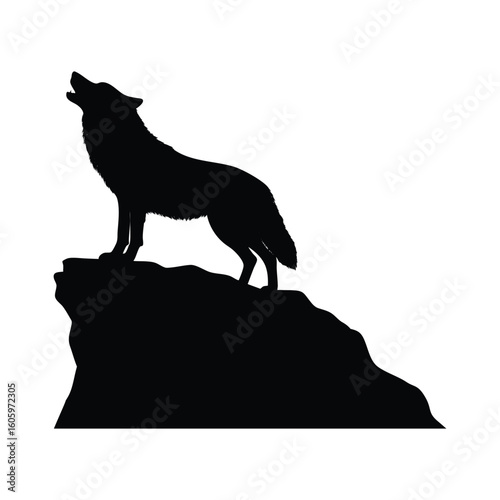Silhouette of a Wolf Howling on a Rocky Ledge, Capturing Nature’s Mystique