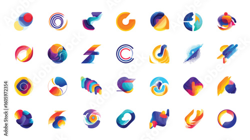 Vibrant Abstract Shapes and Icons in Various Colors.