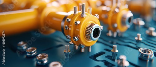 Detailed industrial design blueprint showcasing yellow metal piping and mechanical engineering elements.