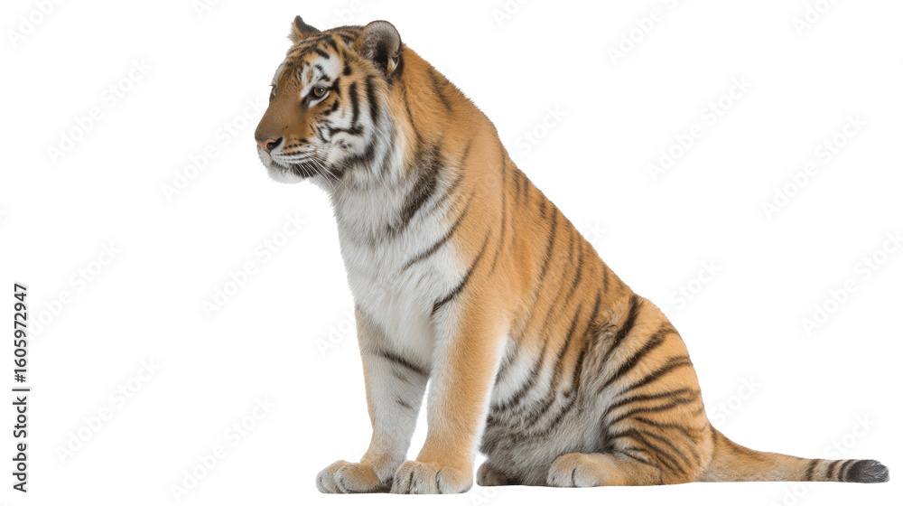 Fototapeta premium Tiger isolated on transparent background shows wild animal sitting