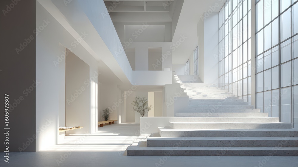 Obraz premium Modern minimalist interior with a wide staircase and large windows