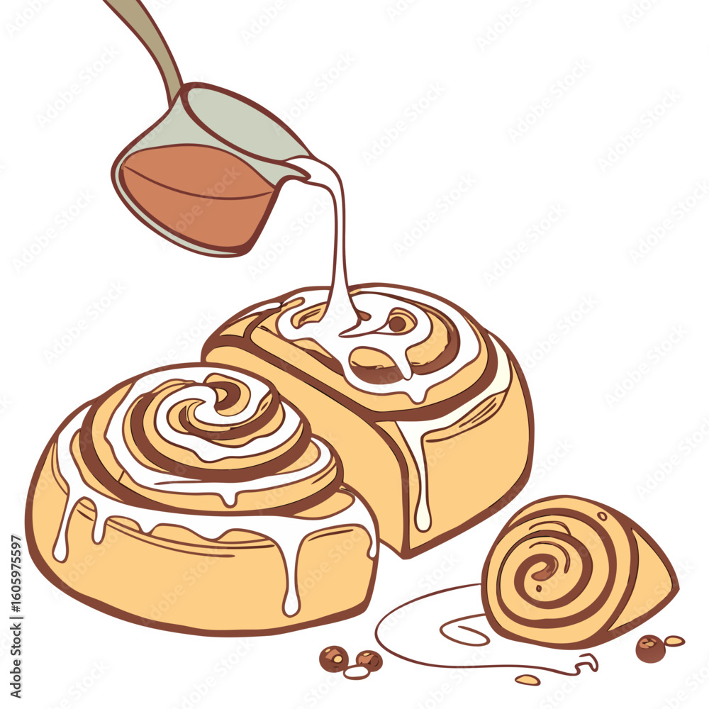 Sweet Treat Indulgence: A delightful illustration showcasing three freshly baked cinnamon rolls, artfully drizzled with creamy icing