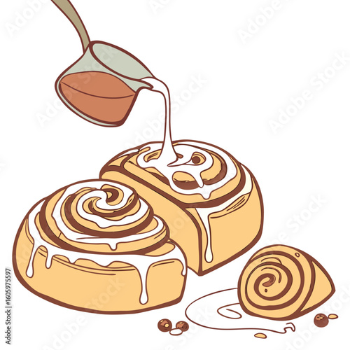Sweet Treat Indulgence: A delightful illustration showcasing three freshly baked cinnamon rolls, artfully drizzled with creamy icing
