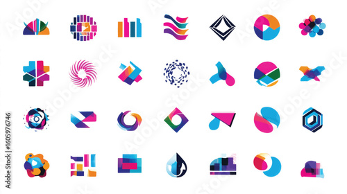 Collection of abstract geometric shapes and logos in vibrant colors.