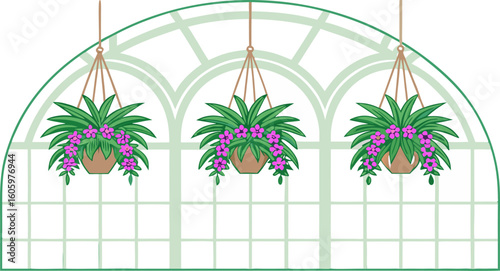 Wide shot of hanging orchid baskets in a tropical conservatory with visitors strolling below.