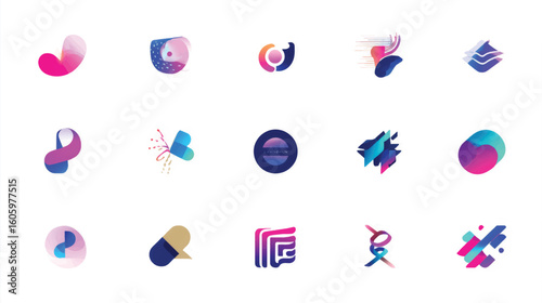 Collection of abstract modern icons in various shapes and colors.