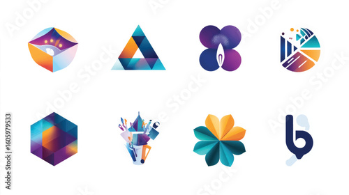Collection of abstract geometric shapes and logos in various colors.