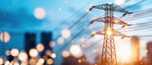 A night cityscape featuring a complex network of interconnected power transmission lines and towers, illuminating the urban landscape.