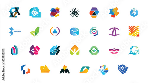 Collection of abstract colorful icons and symbols for design.