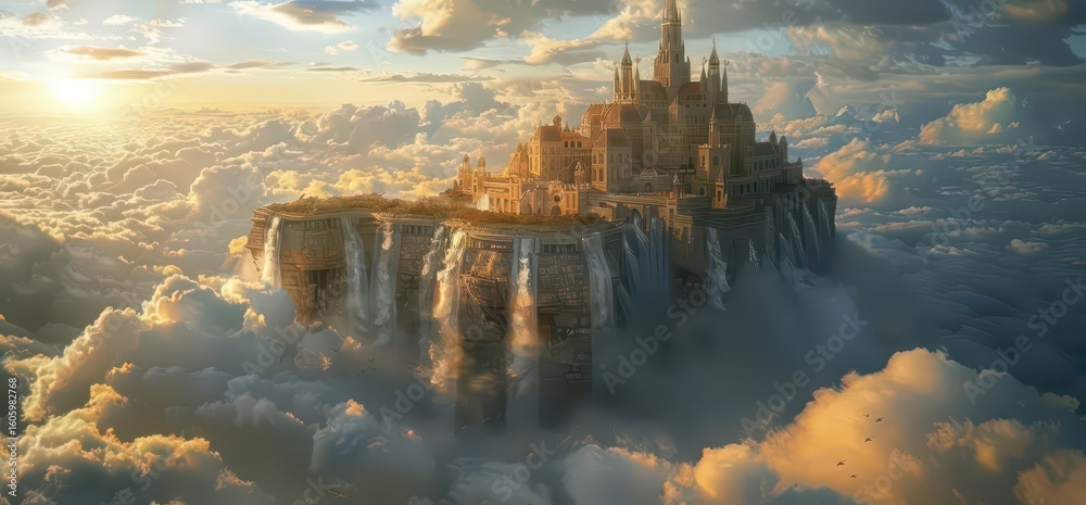 Fototapeta premium A majestic castle floating above clouds, illuminated by a golden sunset.