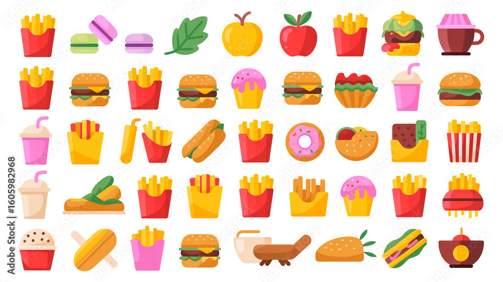 A collection of 60 colorful cartoon food illustrations arranged in 10 rows on a white background.