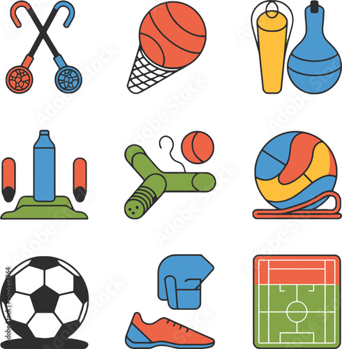 Colorful Flat-Design Sports Equipment Icons:  Soccer,Basketball,and More.