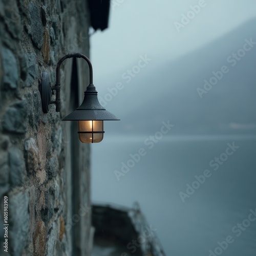 Fototapeta Naklejka Na Ścianę i Meble -  A close-up photo of an outdoor wall light on the side of a house, with a lake in the background, on a foggy morning in a mountainous landscape. This image is suitable for interior.