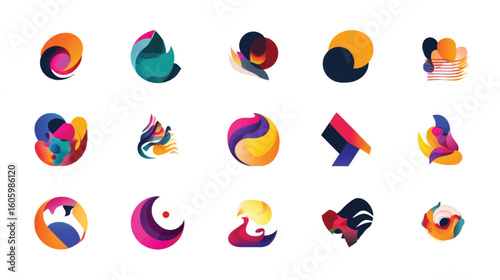 Vibrant Abstract Shapes and Icons in Various Colors.