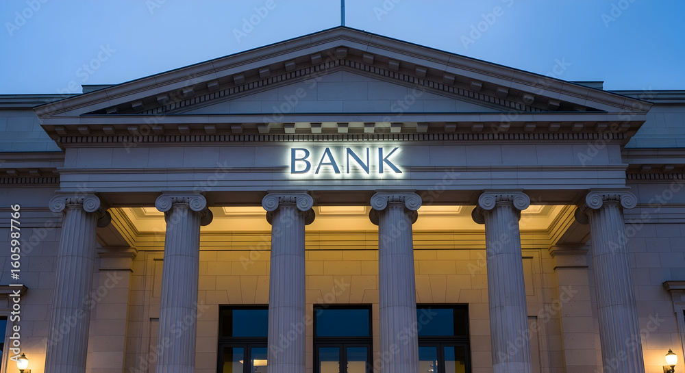 Obraz premium Architectural Bank Facade at Dusk: Grand Columns and Illuminated Sign Reflecting Stability