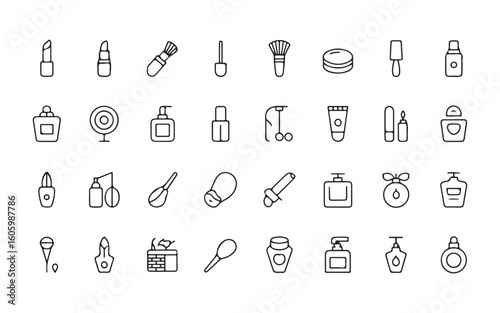 Collection of black outline icons for beauty and cosmetic products lipstick makeup brush