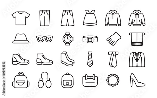 Collection of black outline icons for clothing and accessories t-shirt jeans