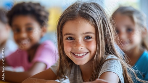 A young girl smiling in a classroom with other children.