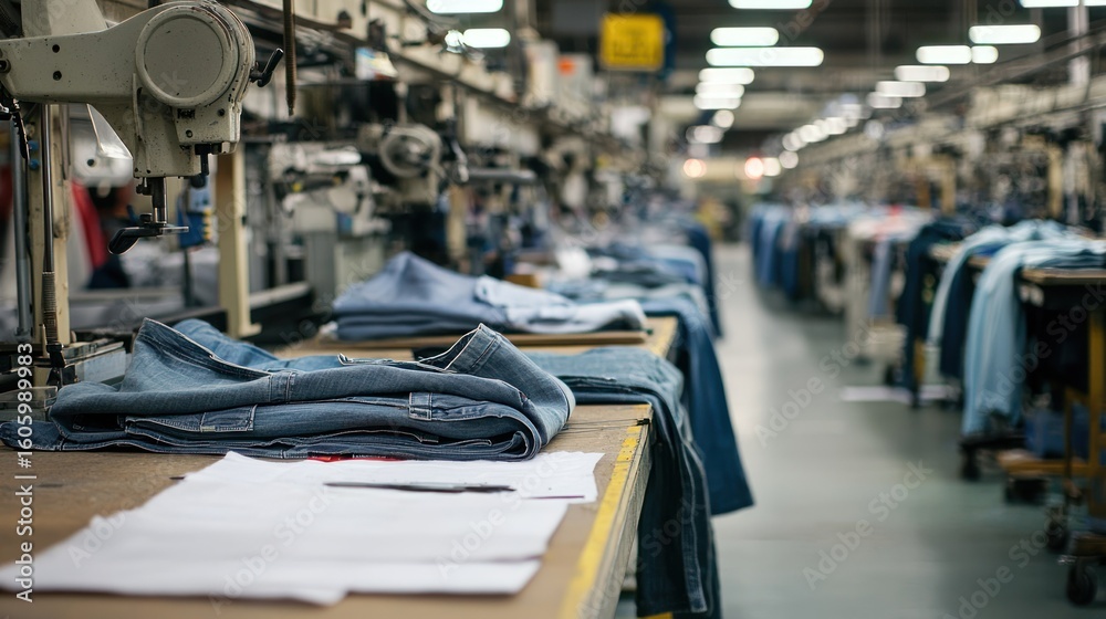 Obraz premium A jeans manufacturing assembly line with folded jeans on tables and sewing machines in the background.