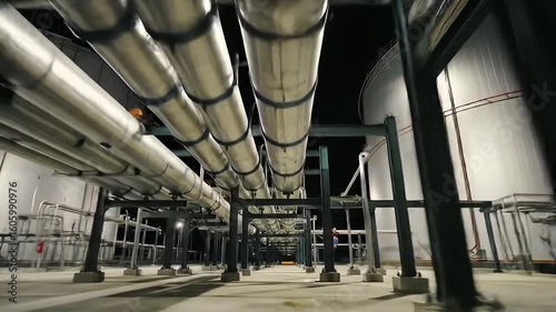 Low angle view of pipes suspended above dark ground with support columns at night