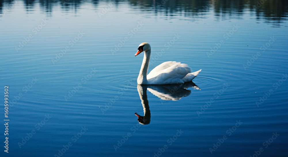 Fototapeta premium Graceful White Swan on blue vibrant Lake at Dawn - Tranquil Nature Reflection