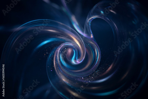 A digital abstract spiral artwork with a dark blue background. The spiral is composed of flowing, ethereal light trails in shades of electric blue, purple, and white. 