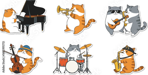 Adorable cartoon cats playing various musical instruments in a band.