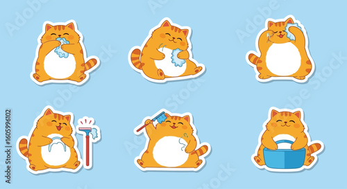 Six orange cartoon cats cleaning themselves with various tools against a light blue background.