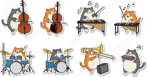 Adorable cartoon cats playing various musical instruments in a whimsical orchestra setting.