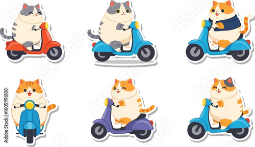 Playful cartoon cats riding colorful scooters, showcasing various poses and expressions.
