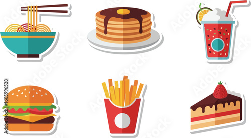 Six colorful food icons: noodles, pancakes, drink, burger, fries, and cake, arranged in a grid.