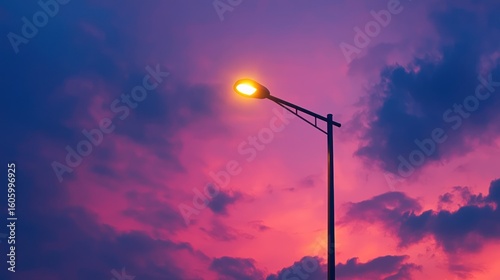 Fototapeta Naklejka Na Ścianę i Meble -  A streetlight with a glowing yellow light against a vibrant, colorful sky with clouds.