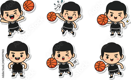 Cartoon basketball player in various poses, holding and playing with a basketball, with happy and energetic expressions.