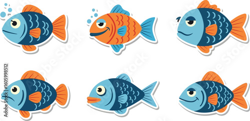 Cartoon fish illustrations in various poses.