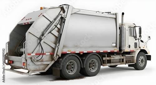 Side view of a garbage truck with a rear loader, parked on a white background.