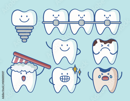 Collection of dental care flat vector illustration. Teeth cartoon character in many expression and conditions related to dental care. Clean teeth, rotting teeth, dirty teeth, braces drawing bundle.