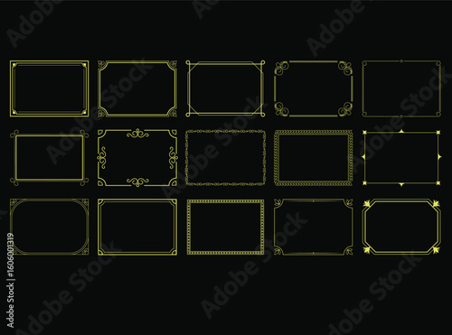 Vintage golden frame set on a black background with an elegant design pattern, perfect for decorative photo borders or art illustrations